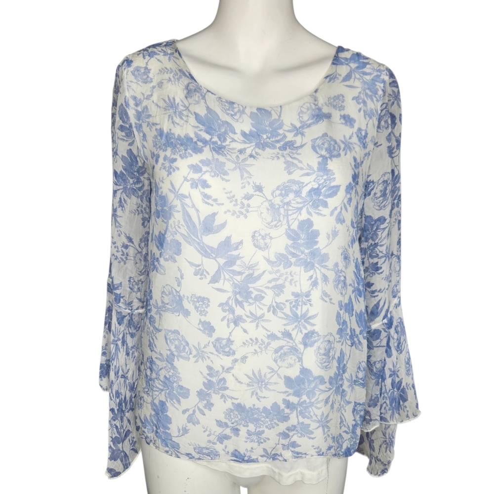 Viola Borghi 100% Silk Blue Floral Sheer Overlay Bell Sleeve Lined Blouse Small